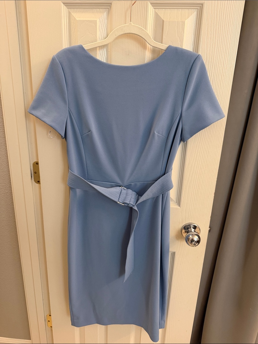 Calvin Klein Dusty Blue Short-Sleeve Belted Midi Dress